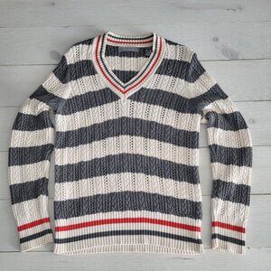 Liz Claiborne Vintage Striped Cable Knit Sweater Cotton V-Neck Preppy Nautical